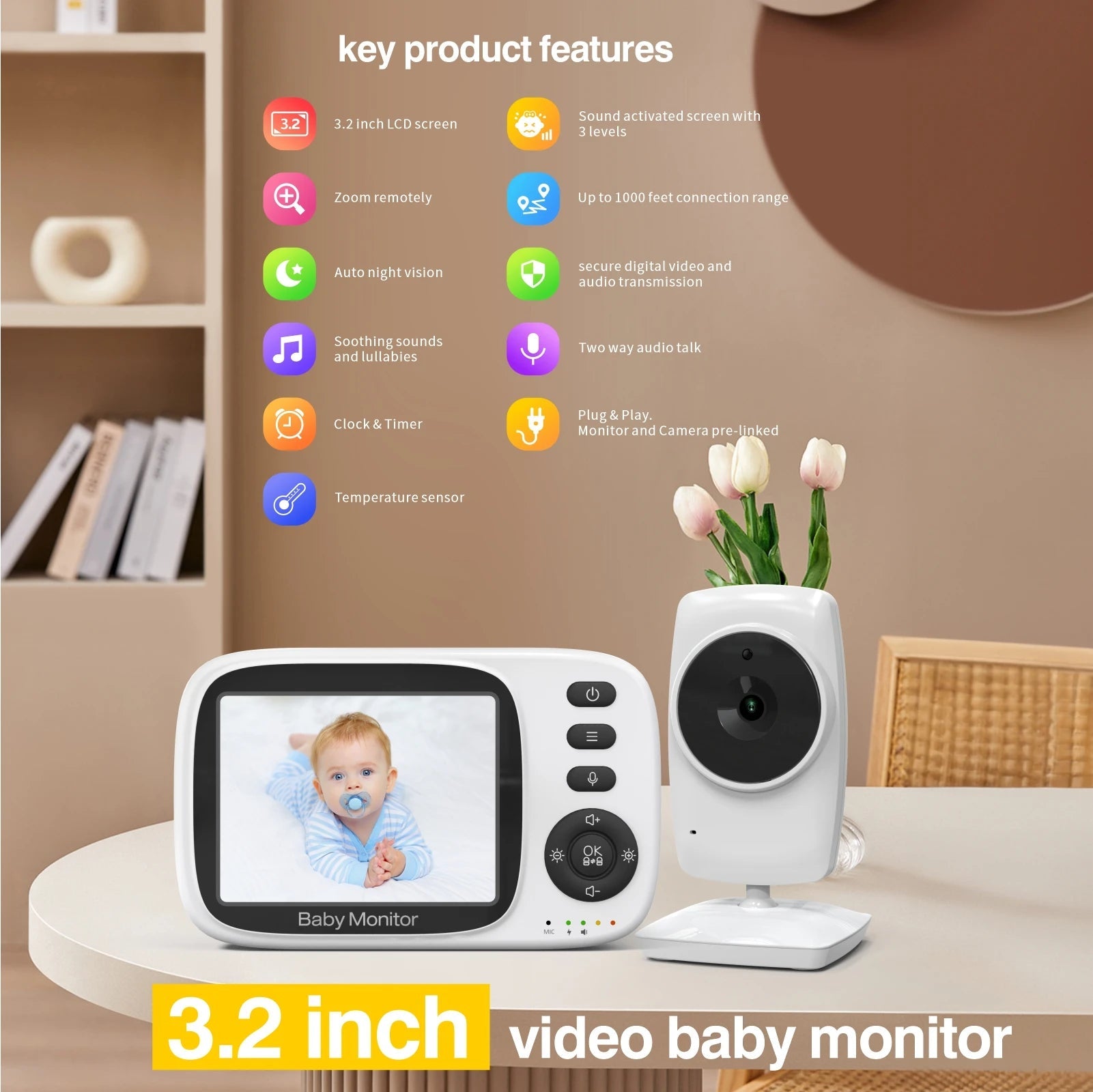 Video Baby Monitor Wireless 3.2 Inch LCD Two Way Audio