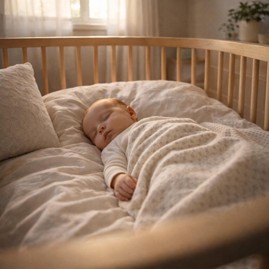 Baby sleeping in a crib with soft bedding in a warm, softly lit room.