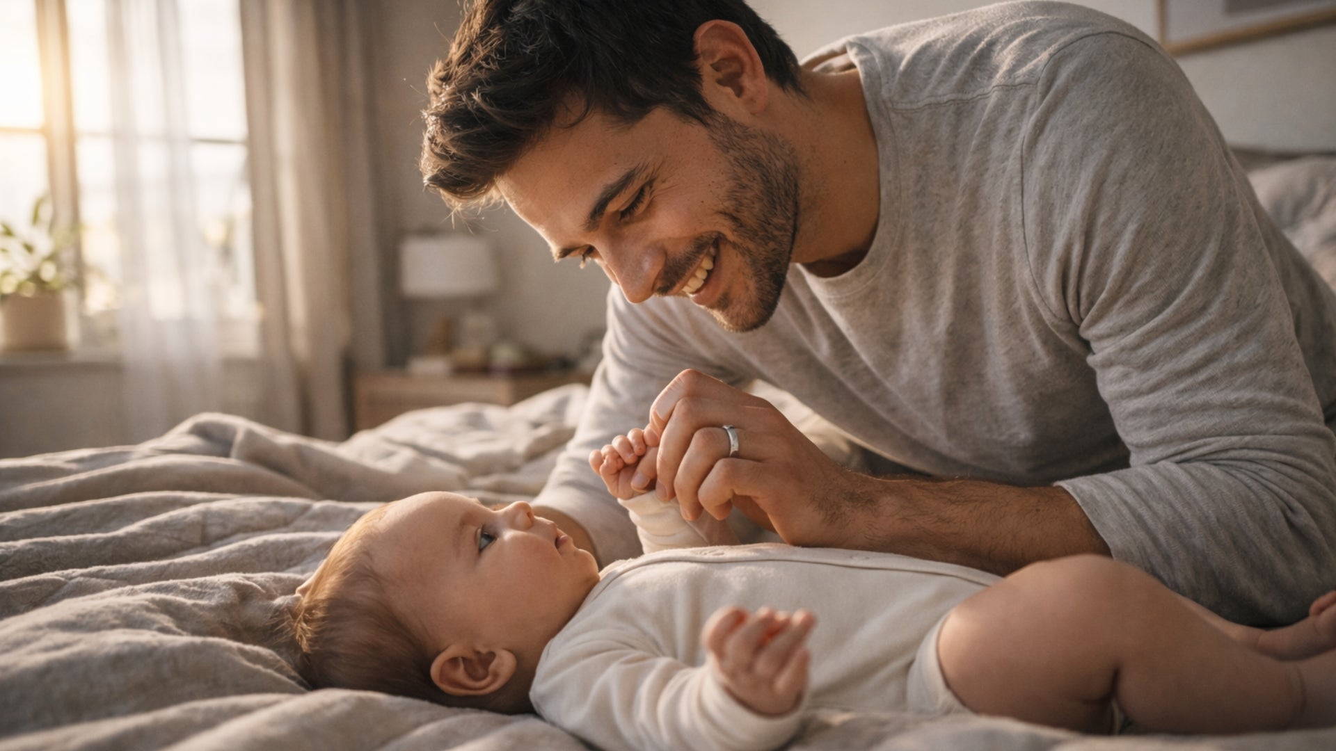 Man and baby lying on a bed, smiling and interacting