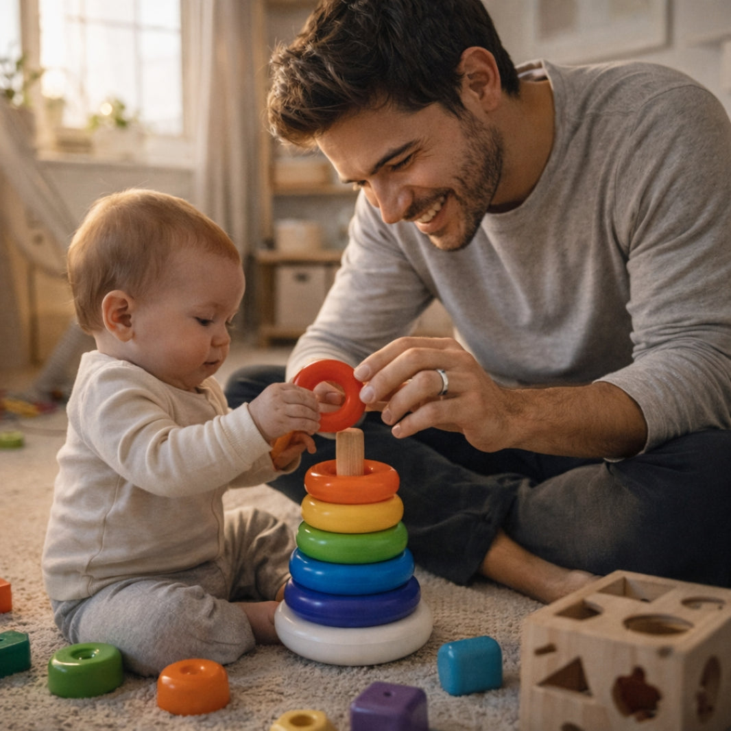 Man and baby playing with a colorful stacking toy on the floor.