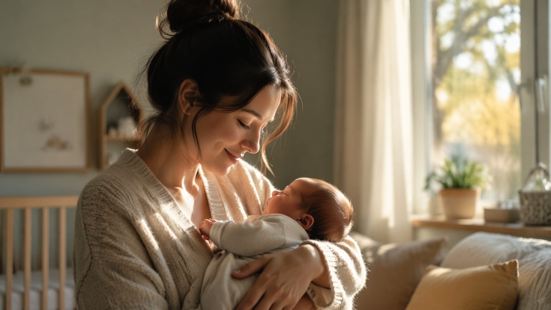 Woman holding a baby in a cozy room with natural light
